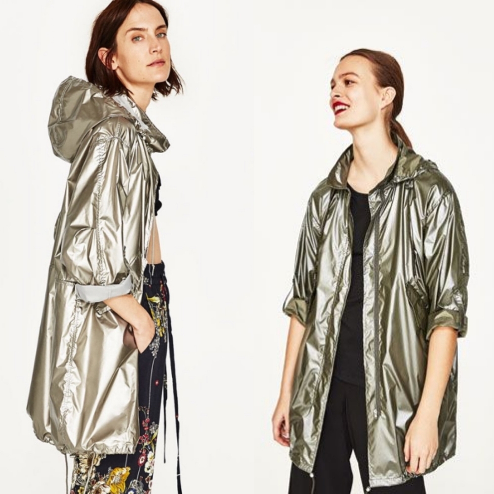 Zara metallic rain coat with hood
